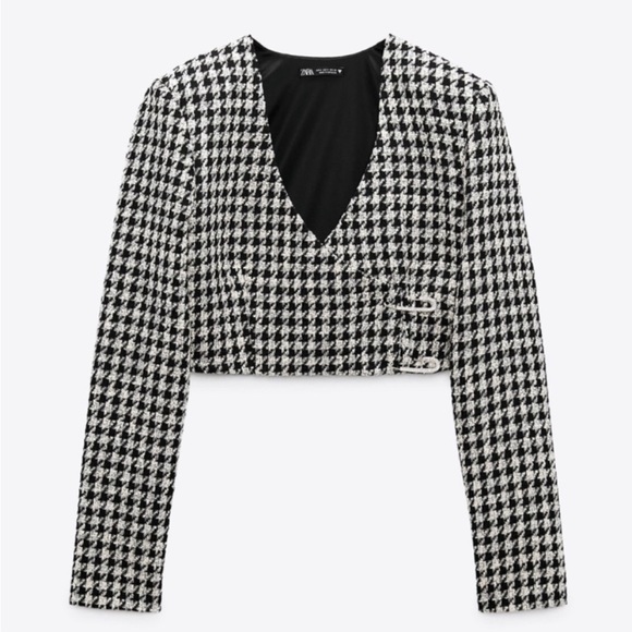 Zara Black & White Tweed Houndstooth Faux Wrap Crop Top - Picture 7 of 8